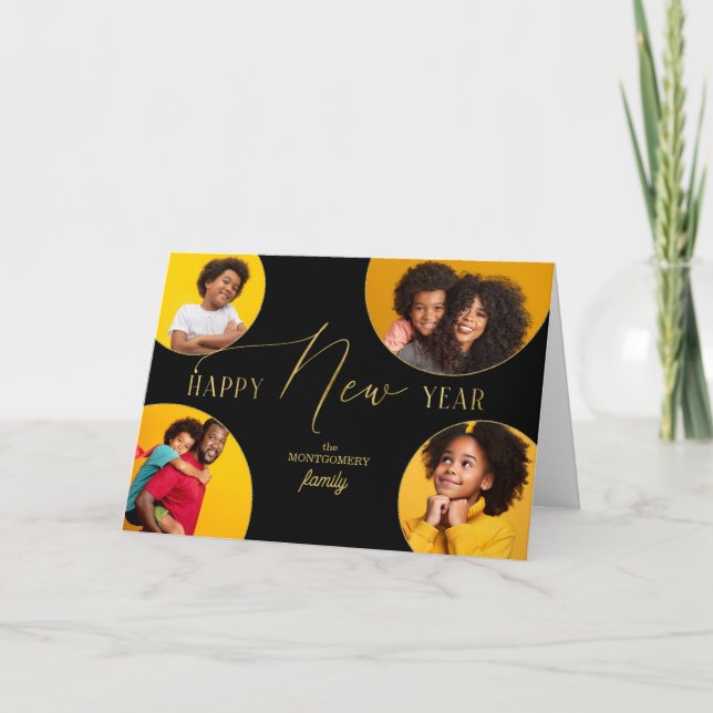 Cartão De Festividades Happy New Year Four Photo Faux Gold Leaf (Frente)