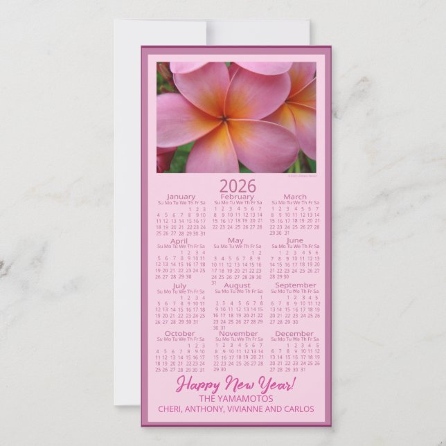 Cartão De Festividades Happy New Year Pink Plumeria Flower 2026 Calendar  (Frente)