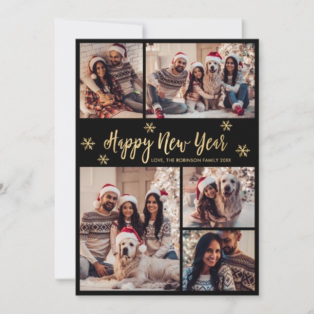 Cartão De Festividades Happy New Year Snowflake Black Gold Photo Collage  (Frente)