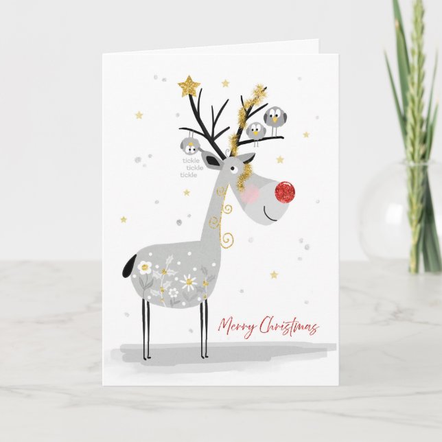 Cartão De Festividades Happy Reindeer with Birdy Buddies Christmas Card (Frente)