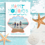 Cartão De Festividades Happy Seashore | Beach Seashell Christmas Photo<br><div class="desc">Beach theme flat Christmas photo card features a tropical "Happy Holidays" seashell,  whale tail and ocean waves typography design with a scallop seashell cutout that frames your photo. Reverse side is a nautical shell & swirls pattern on a turquoise background. Original artwork KL Stock.</div>