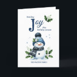 Cartão De Festividades Happy Snowman Holly Snowflake Marinho White Winter<br><div class="desc">Este cartão de feriado adorável apresenta um feliz boneco de neve empacotado em um chapéu de pom-pom marinho e cachecol bolinhas, cercado por neve sagrada e suave. Com um fundo branco limpo e detalhes lúdicos do inverno, é a maneira perfeita de enviar desejos calorosos durante a época mais fria do...</div>