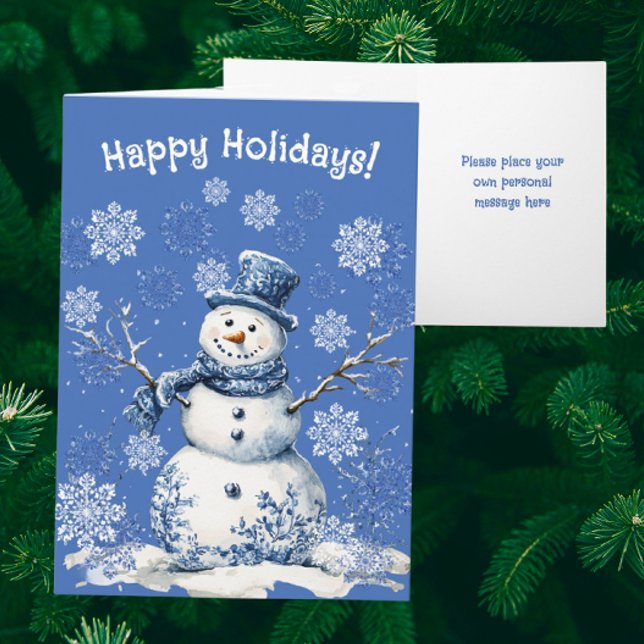 Cartão De Festividades Happy Snowman Snowflakes Blue White Personalized (Personalize this folded holiday card!)