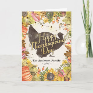 Cartão De Festividades Happy Thanksgiving Turkey Autumn Leaves Pumpkins