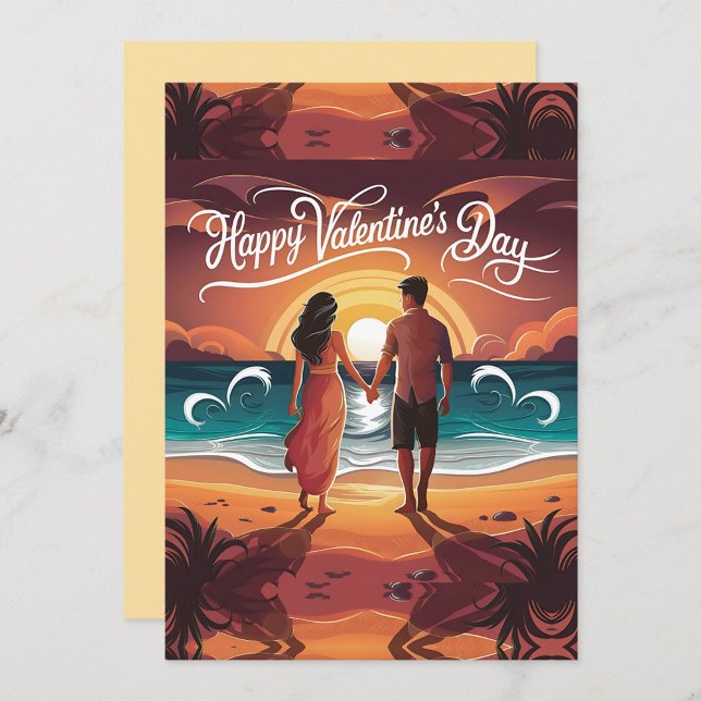 Cartão De Festividades Happy Valentines Day  (A romantic scene unfolds as a couple stands hand in hand on a sunlit beach.)