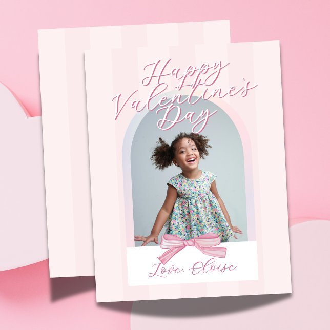 Cartão De Festividades Happy Valentine's Day Arch Photo Bow Card (Send heart day greetings with this Happy Valentine's Day Arch Photo Pink Strip Bow Holiday Card!)