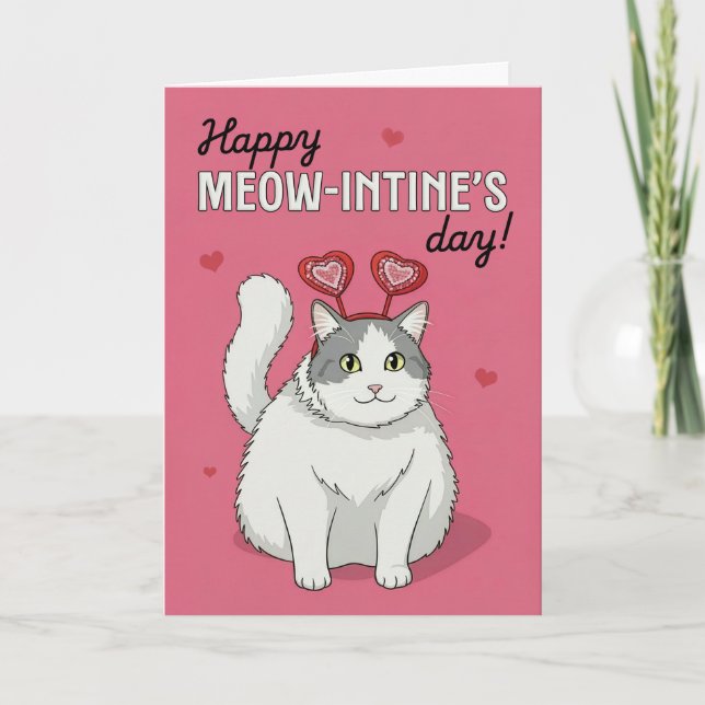 Cartão De Festividades Happy Valentines Day Cute Cat With Heart Headband (Frente)