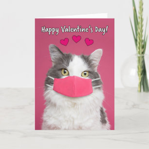 Cartão De Festividades Happy Valentine's Day Cute Kitty Cat in Face Mask