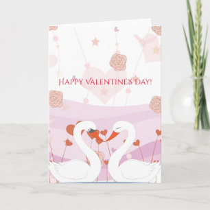 Cartão De Festividades Happy Valentine's Day Cute Romantic Swans Roses