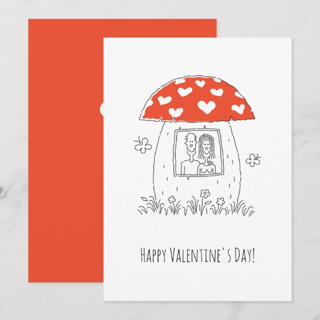 Cartão De Festividades Happy Valentine's Day Red Heart Mushroom Lovers (Frente/Verso)