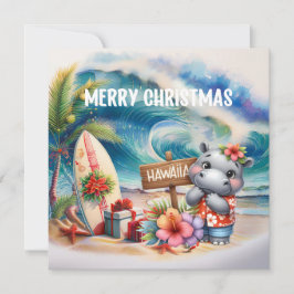 Cartão De Festividades Hawaii Hippo celebrating Christmas at the beach