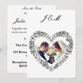 Cartão De Festividades Heart Black and White Photo Wedding Invitation