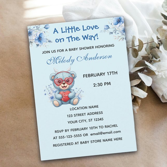 Cartão De Festividades Heart Glasses Teddy Bear Blue Baby Shower Invite (Criador carregado)