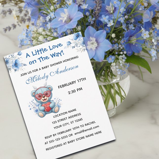 Cartão De Festividades Heart Glasses Teddy Bear Blue Baby Shower Invite (Criador carregado)