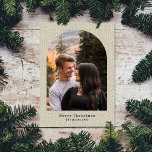 Cartão De Festividades Herringbone Beige Tweed Arch de Foto de Natal<br><div class="desc">Sua foto personalizada em forma de arco com o fundo do tuitaço herringbone e seu texto personalizado em preto.</div>