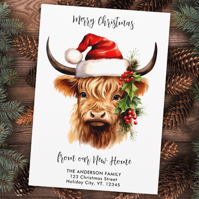 Cartão De Festividades Highland Cow Festivo New Home Felice Natal (Criador carregado)