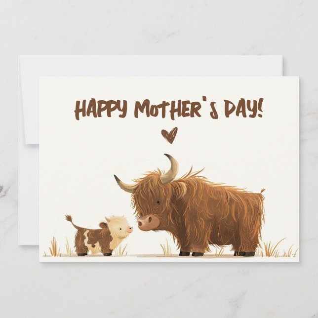 Cartão De Festividades Highland Cow Mama e Calf Russo Dia de as mães Feli (Frente)