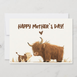 Cartão De Festividades Highland Cow Mama e Calf Russo Dia de as mães Feli