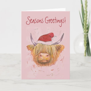 Cartão De Festividades highland cow wearing Christmas hat pastel pink
