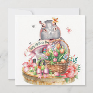 Cartão De Festividades Hipopótamo Feliz Dia das Mães com cesto de flores