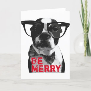 Cartão De Festividades Hipster Boston Terrier Christmas Card