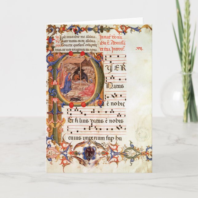 Cartão De Festividades Historiated rubrica "P" que descreve a natividade (Frente)