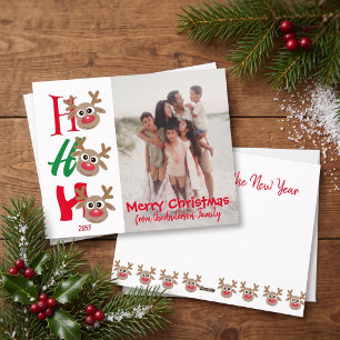 Cartão De Festividades Ho Ho Ho Feliz Natal Foto da Família de Rena