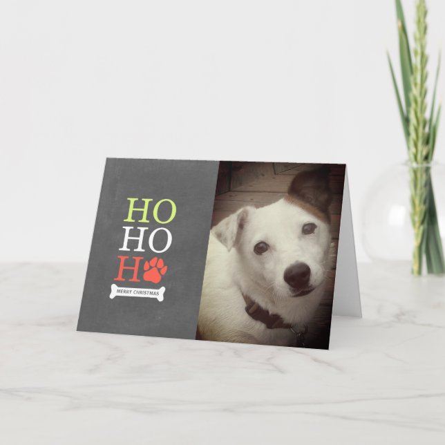 Cartão De Festividades Ho Ho Ho Pawprint Dog Foto de Natal - Verde Vermel (Frente)
