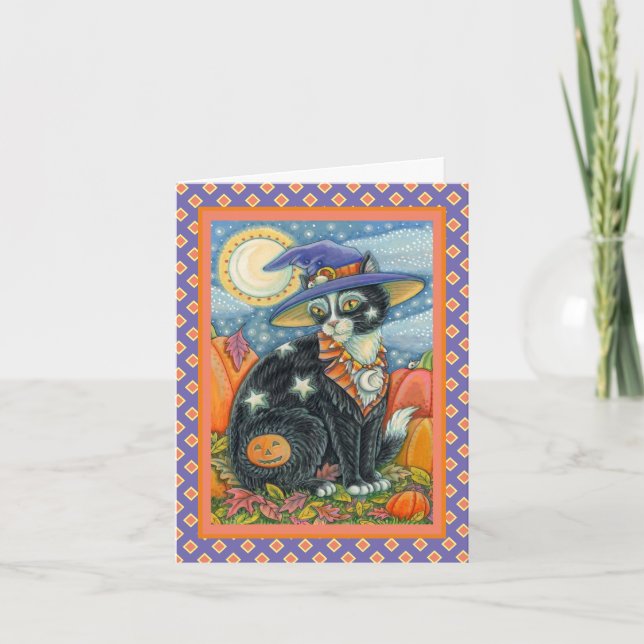 CARTÃO DE FESTIVIDADES HOCUS POCUS BLACK CAT WITCH & MOUSE HALLOWEEN (Frente)