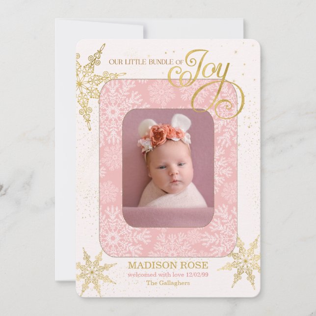 Cartão De Festividades Holiday Birth Announcement It's a Girl Pink Photo (Frente)