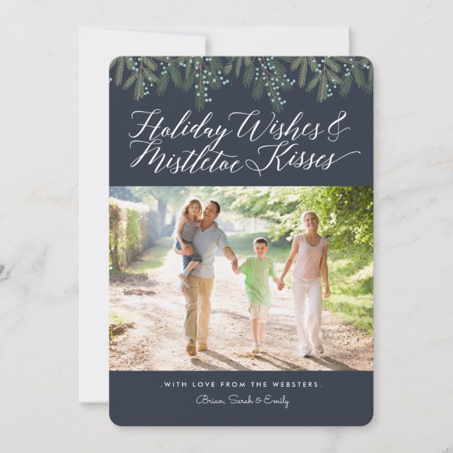 Cartão De Festividades Holiday Deseja e Mistletoe Kisses Foto de Natal (Frente)