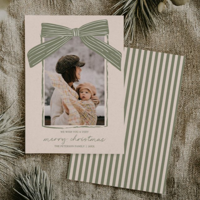 Cartão De Festividades Holiday Family Photo Card Christmas Bow Stripe (Criador carregado)