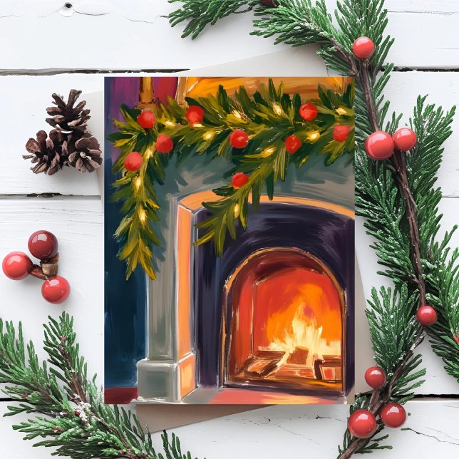 Cartão De Festividades Holiday Fireplace | Christmas Garland Painted Card (Criador carregado)
