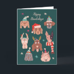 Cartão De Festividades Holiday Howls Christmas Dogs Green Greeting Card<br><div class="desc">Cartão de saudação de Natal bonito com ilustração desenhada manualmente de vários cães vestindo fantasias de férias. O texto diz "Feliz Dia de Feliz".</div>