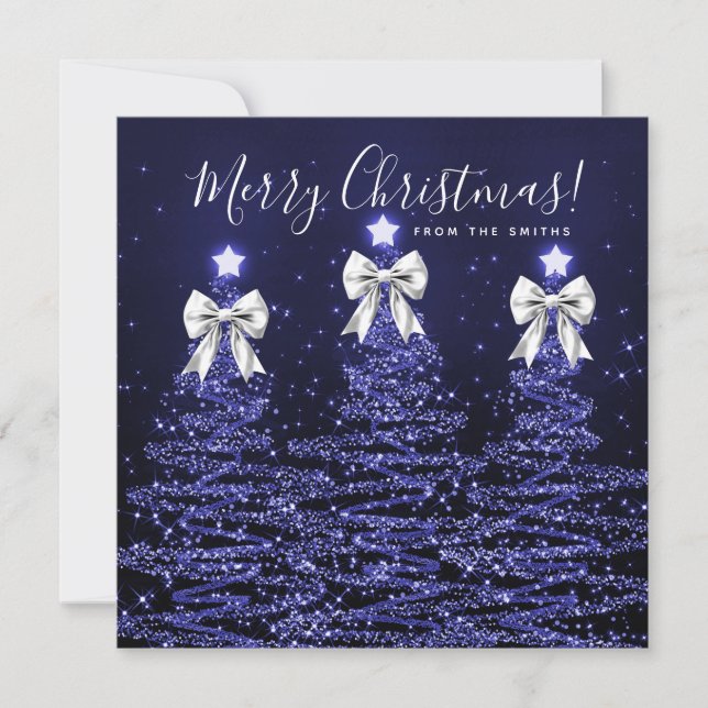 Cartão De Festividades Holiday Navy Blue Christmas Trees Greeting Silver  (Frente)