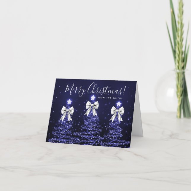 Cartão De Festividades Holiday Navy Blue Christmas Trees Greeting Silver  (Frente)