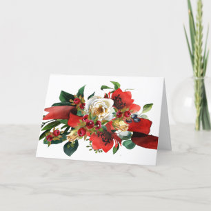 Cartão De Festividades Holiday Watercolor Bouquet of Roses and Berries