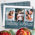 Cartão De Festividades Holiday Wishes Outline Lettering 3 Vertical Photo<br><div class="desc">Holiday Wishes 3 Photo Holiday Card with open outline lettering and casual script typography. The photo template is ready for you to add 3 of your favorite photos, which are displayed in vertical, portrait format. The christmas card reads "'Holiday Wishes .. wishing you a wonderful christmas and new year" followed...</div>