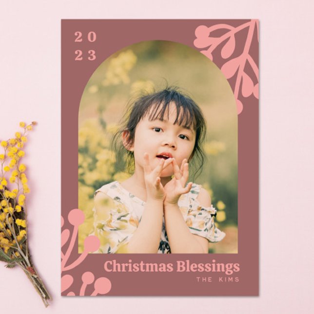 Cartão De Festividades Holly Berries Dusty Fotografia Rosa de Natal (Criador carregado)