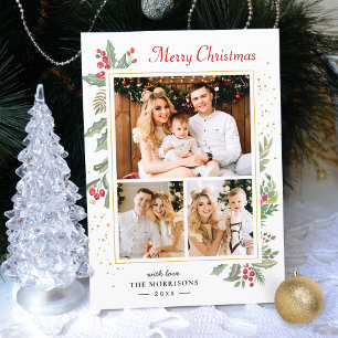 Cartão De Festividades Holly Berries Elegant Chic Merry Christmas 3 Photo