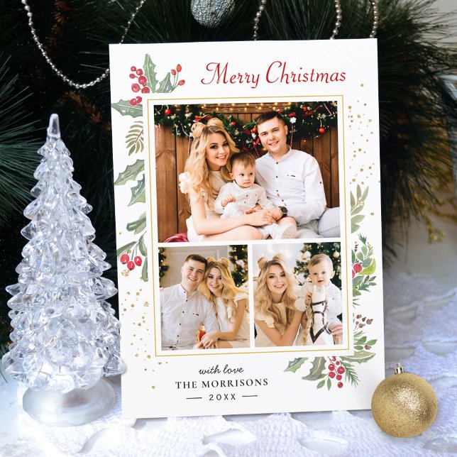 Cartão De Festividades Holly Berries Elegante Chic Feliz Natal 3 Foto (Criador carregado)
