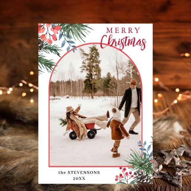Cartão De Festividades Holly Berries Merry Christmas Chic Arch Photo (Criador carregado)