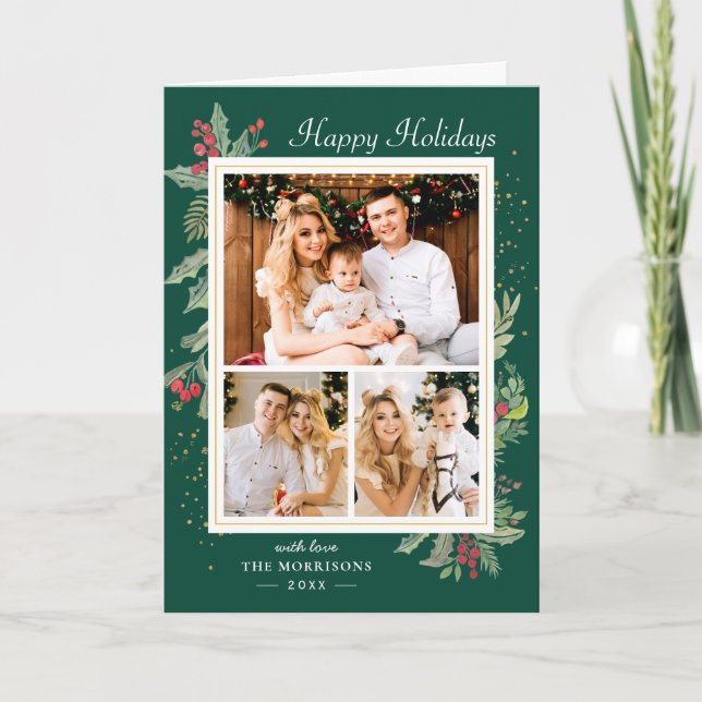 Cartão De Festividades Holly Berries Xmas Green Férias 3 Foto (Frente)