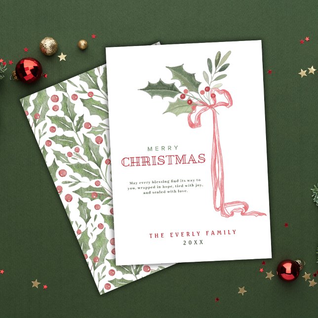 Cartão De Festividades  Holly Berry Bow Merry Christmas  (Criador carregado)