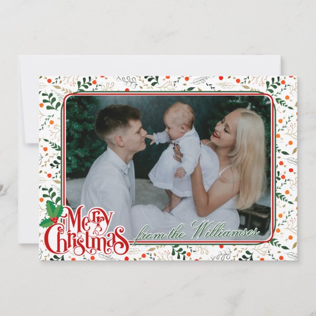 Cartão De Festividades Holly Berry Branches Moderno Foto de Natal Feliz (Frente)