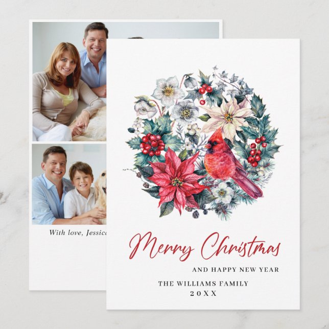Cartão De Festividades Holly Berry Cardinal Natal 3 FOTO Saudação (Frente/Verso)