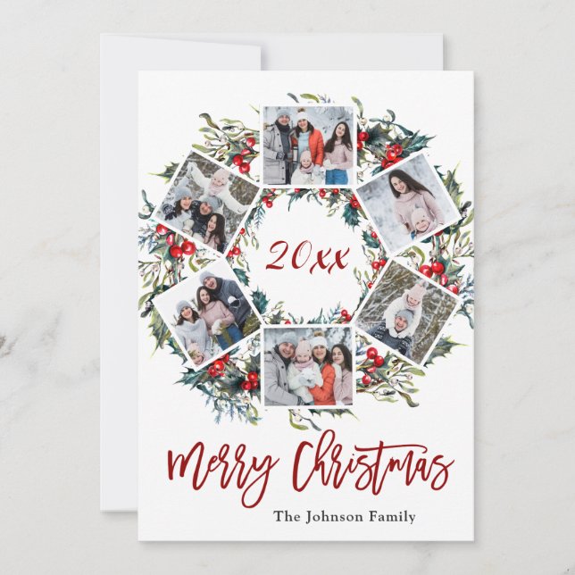 Cartão De Festividades Holly Berry Christmas Wreath 6 PHOTO Saudação (Frente)