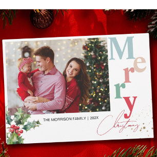 Cartão De Festividades Holly Branch, uma foto da família, Natal