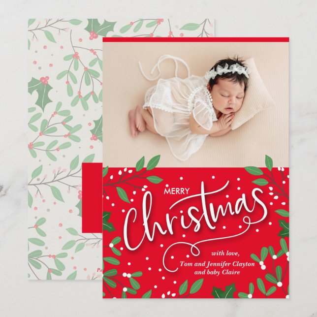Cartão De Festividades Holly Christmas Baby Photo Birth Announces (Frente/Verso)