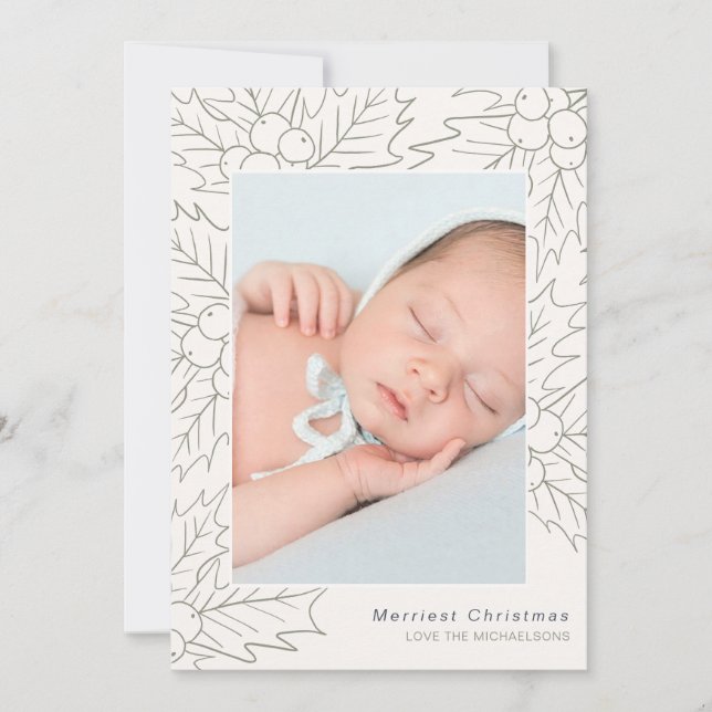 Cartão De Festividades Holly e Berries Cream e Sage Foto de Natal (Frente)